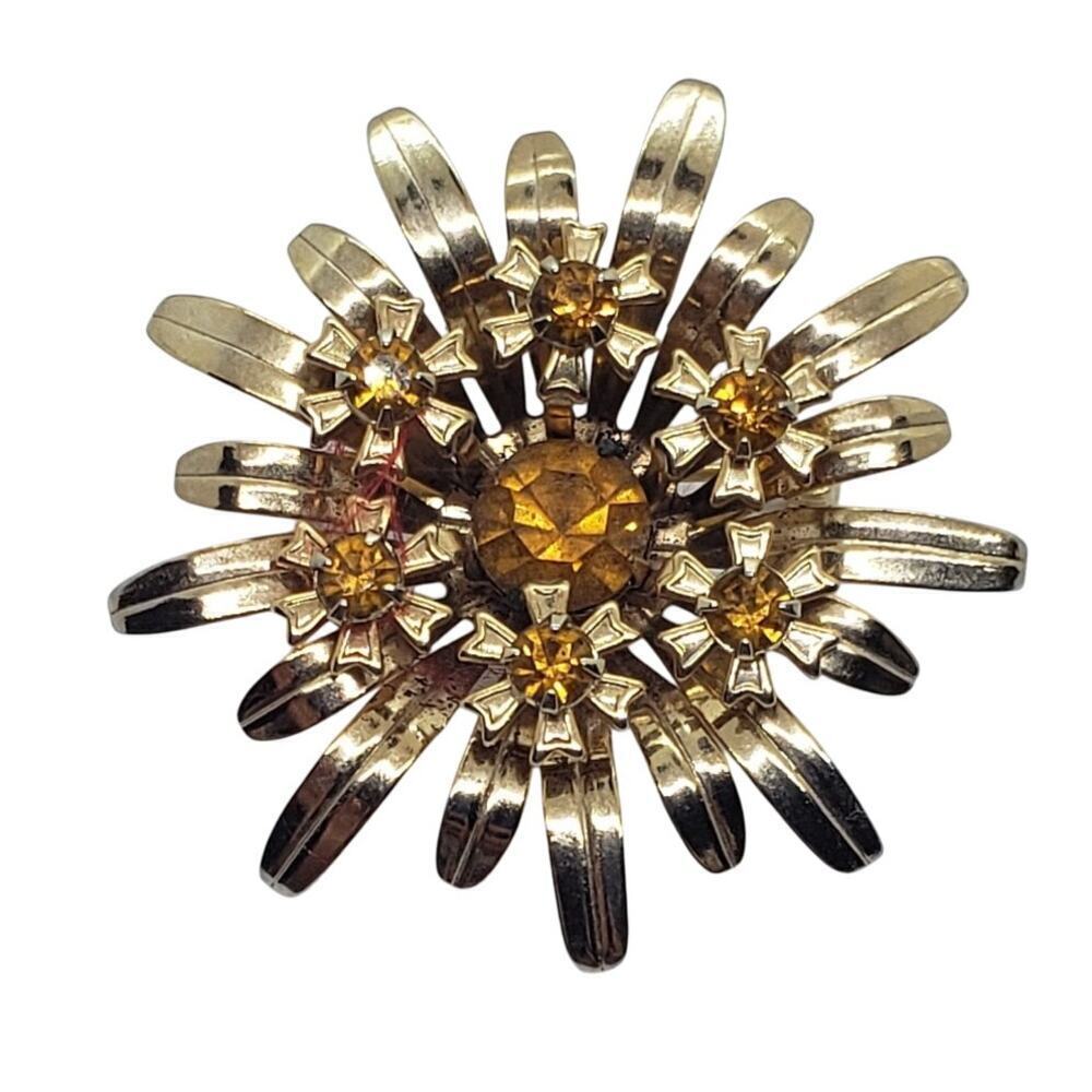 Vintage Gold Tone Flower Brooch Amber Rhinestone Layered Pin Spike Starburst